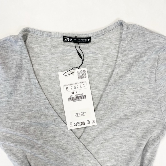 NWT Zara Soft Heather Grey Wrap Long Sleeve Top - Picture 2 of 3